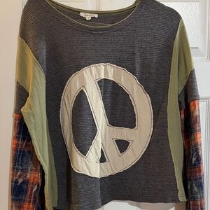 Oli & Hali Gray Knit Top with Cream Peace Appliqué and Olive Accents